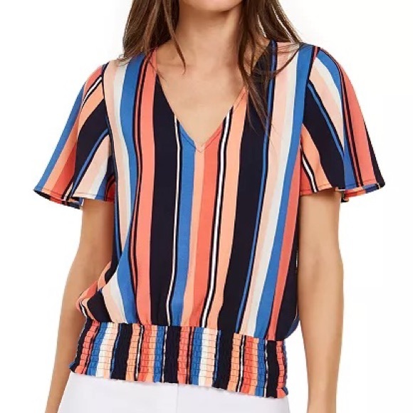 PLUS Michael Kors Women's Colorful Stripe Smocked Waist V Neck Blouse Size 3X - Picture 1 of 12